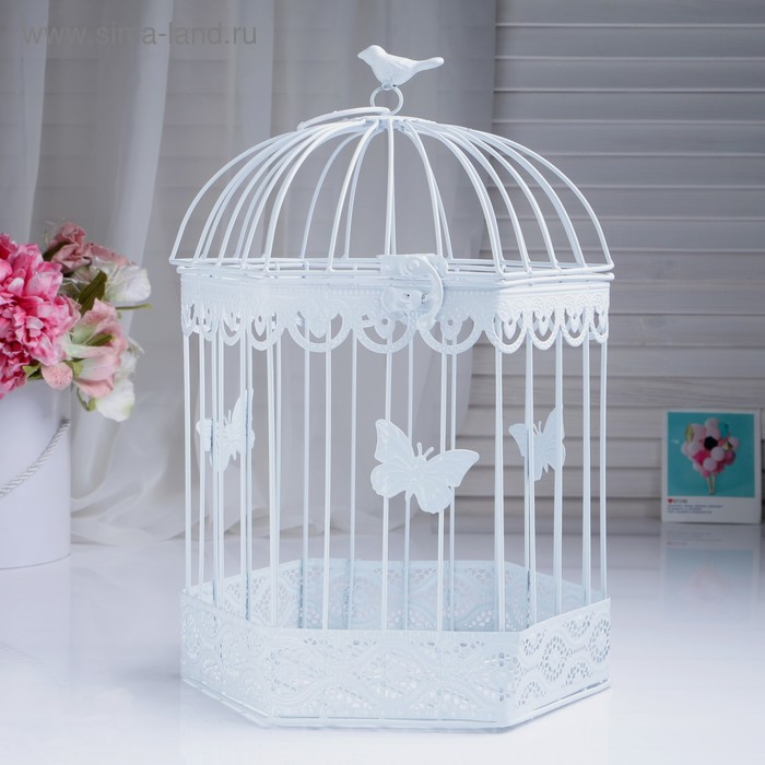 Фигурка металл «Клетка декоративная. Бабочки», подставка, 23×40 см, белая - Фото 1