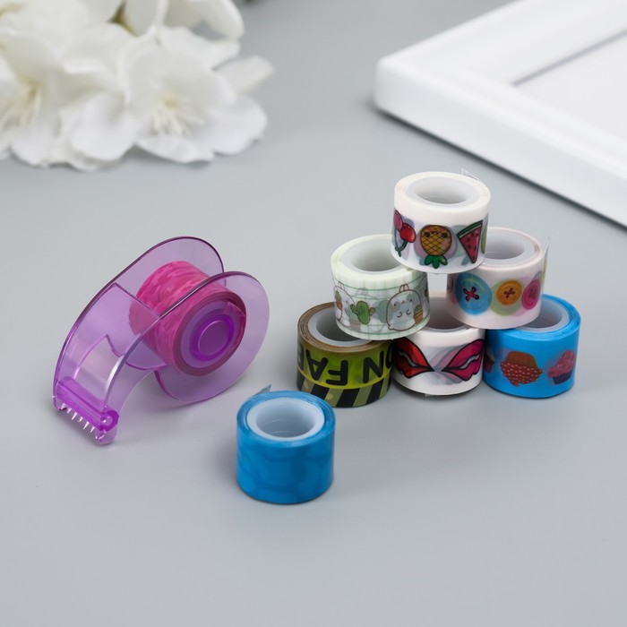 Клейкая лента декоративная с держателем, набор 8 шт., ш. 1.2 см, дл. 2.8 м, МИКС - Фото 1