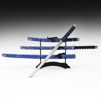 Макет оружия «Сувенирные катаны на подставке 3в1. Драконы на синем», подарочный набор, ножны ткань, 47 см; 70 см; 89 см