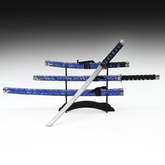 Макет оружия «Сувенирные катаны на подставке 3в1. Драконы на синем», подарочный набор, ножны ткань, 47 см; 70 см; 89 см - Фото 1