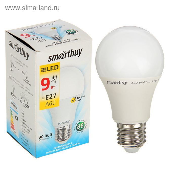 Лампа cветодиодная Smartbuy, E27, A60, 9 Вт, 3000 К, теплый белый свет - Фото 1