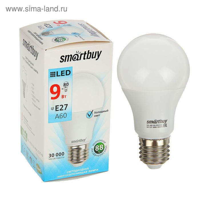 

Лампа cветодиодная Smartbuy, E27, A60, 9 Вт, 4000 К, дневной белый свет