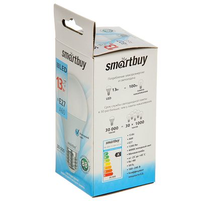 Лампа светодиодная Smartbuy, Е27, A60, 13 Вт, 4000К, дневной белый свет