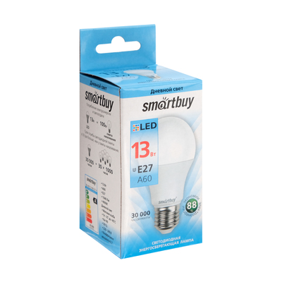 Лампа светодиодная Smartbuy, Е27, A60, 13 Вт, 4000К, дневной белый свет