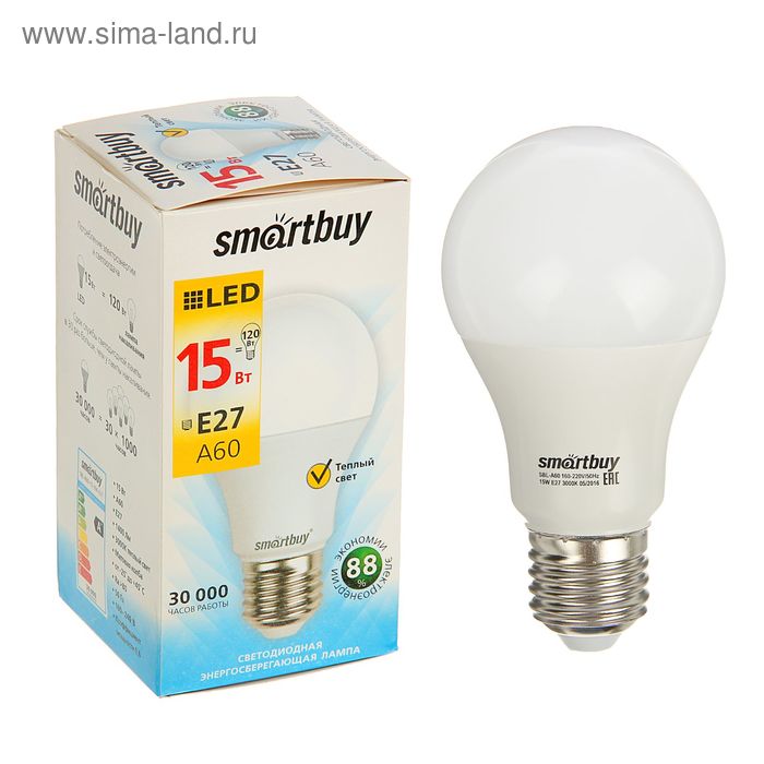 Лампа cветодиодная Smartbuy, A60, E27, 15 Вт, 3000 К, теплый белый - Фото 1