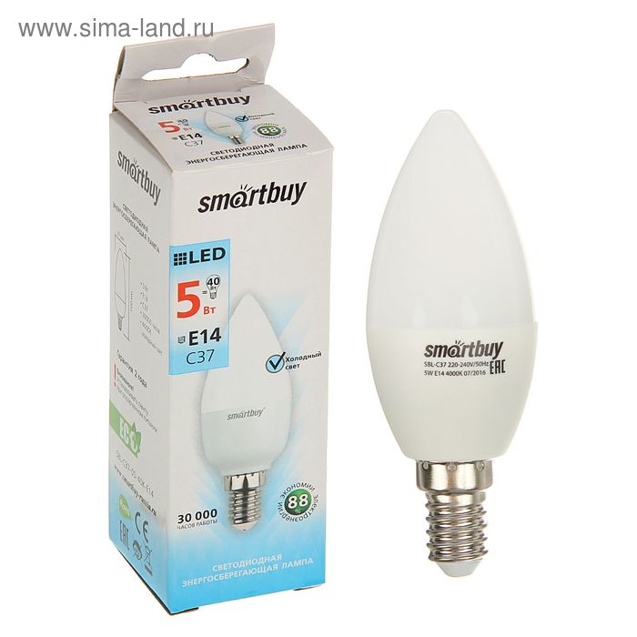 Лампа cветодиодная Smartbuy, Е14, C37, 5 Вт, 4000 К, дневной белый свет - Фото 1