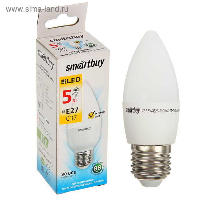 Лампа cветодиодная Smartbuy, C37, E27, 5 Вт, 3000 К, теплый белый - Фото 1