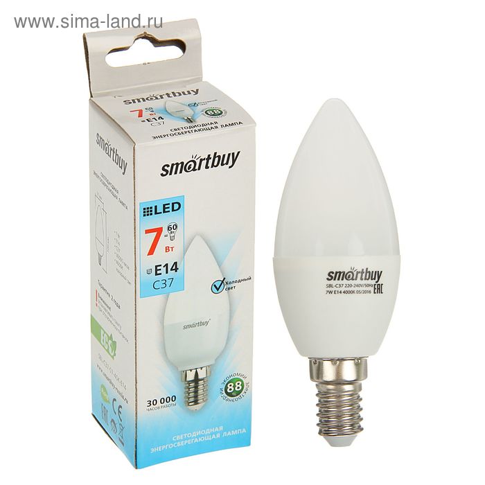 Лампа cветодиодная Smartbuy, E14, C37, 7 Вт, 4000 К, дневной белый свет - Фото 1
