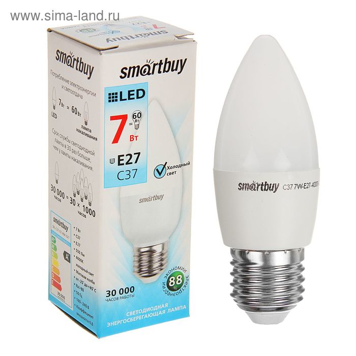 Лампа cветодиодная Smartbuy, C37, E27, 7 Вт, 4000 К, дневной белый свет - Фото 1