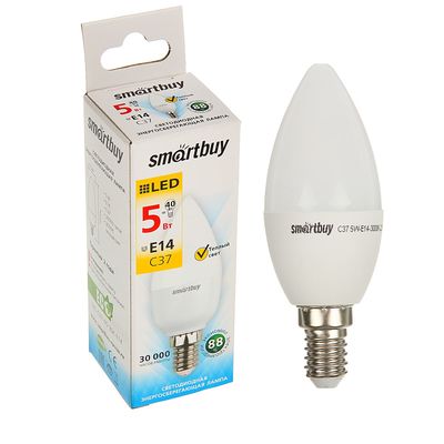 Лампа cветодиодная Smartbuy, C37, 5 Вт, E14, 3000 К, теплый белый свет