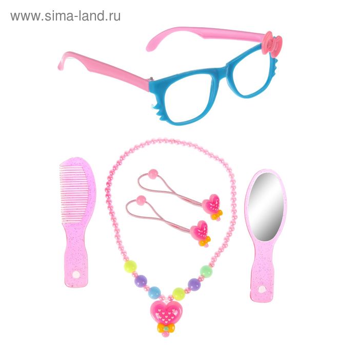 Набор для девочки "Модница", 6 предметов: зеркало, расчёска, очки, бусы, 2 резинки, цвета МИКС - Фото 1