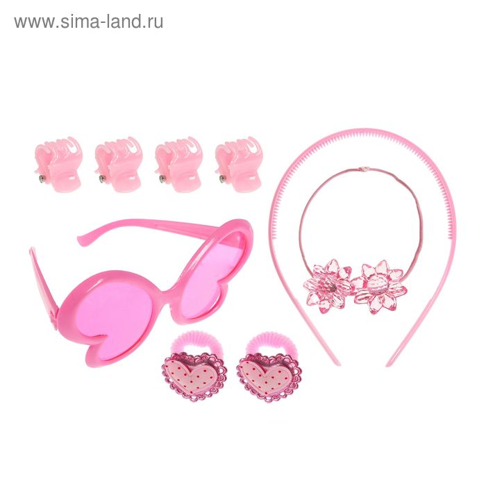 Набор для девочки "Сердечки", 9 предметов: очки, ободок, 3 резинки, 4 краба - Фото 1