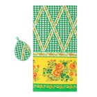 Набор вафельный «Летние цветы», цвет зелёный (полотенце 38х73 см, прихватка 23 см) - Фото 1