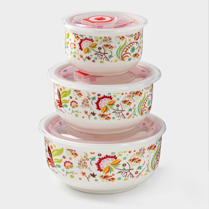 Набор салатников с вакуумными крышками «Ирена», 3 предмета: 300 мл, 600 мл, 900 мл, керамика - Фото 1