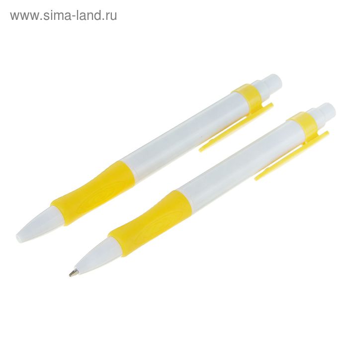 Ручка шариковая, автоматическая, корпус белый с жёлтым резиновым держателем, стержень синий - Фото 1