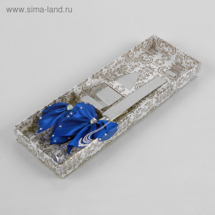 Набор столовых приборов для свадебного торта «Нож и лопатка» с синими бантами - Фото 1
