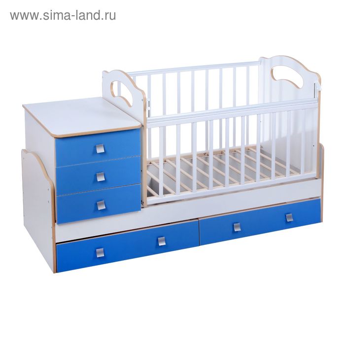 Детская кровать-трансформер Infanzia с поперечным маятником, цвет белый/синий - Фото 1