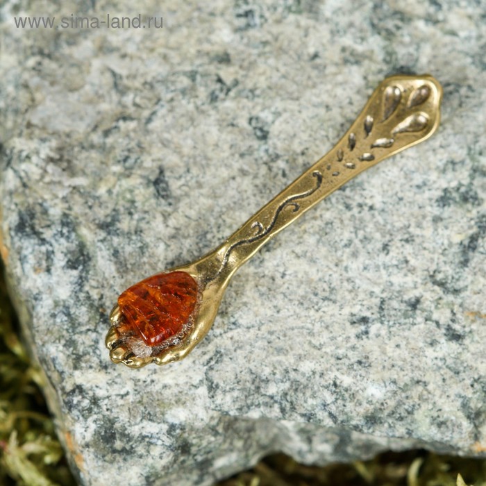 Сувенир кошельковый "Ложка-Ладошка", латунь, с натуральным янтарём - Фото 1