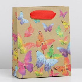 Пакет подарочный крафтовый вертикальный, упаковка, «Бабочки», 12 х 15 х 5,5 см