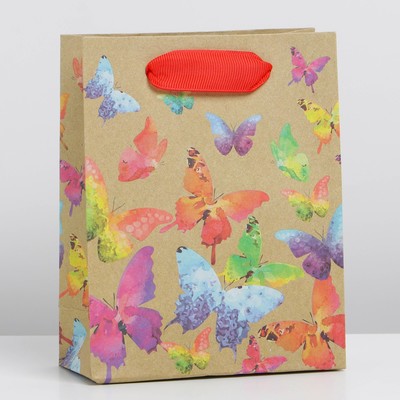 Пакет подарочный крафтовый вертикальный, упаковка, «Бабочки», 12 х 15 х 5,5 см