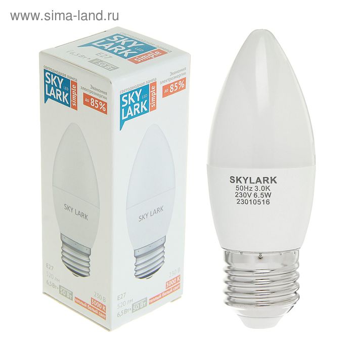 Лампа светодиодная Sky Lark Simple, E27, C37, 6,5 Вт, 3000 K, теплый белый - Фото 1
