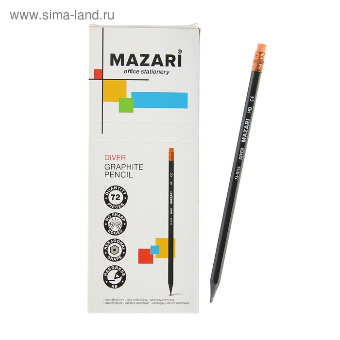 Карандаш чернографитный Mazari Diver, HB, пластиковый, с ластиком - Фото 1