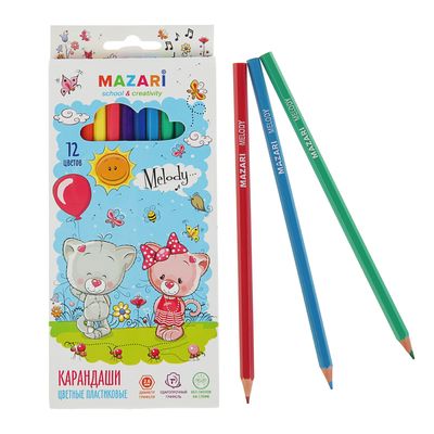 Карандаши 12 цветов Melody, пластиковые, шестигранный корпус, d грифеля=2.6 мм, европодвес