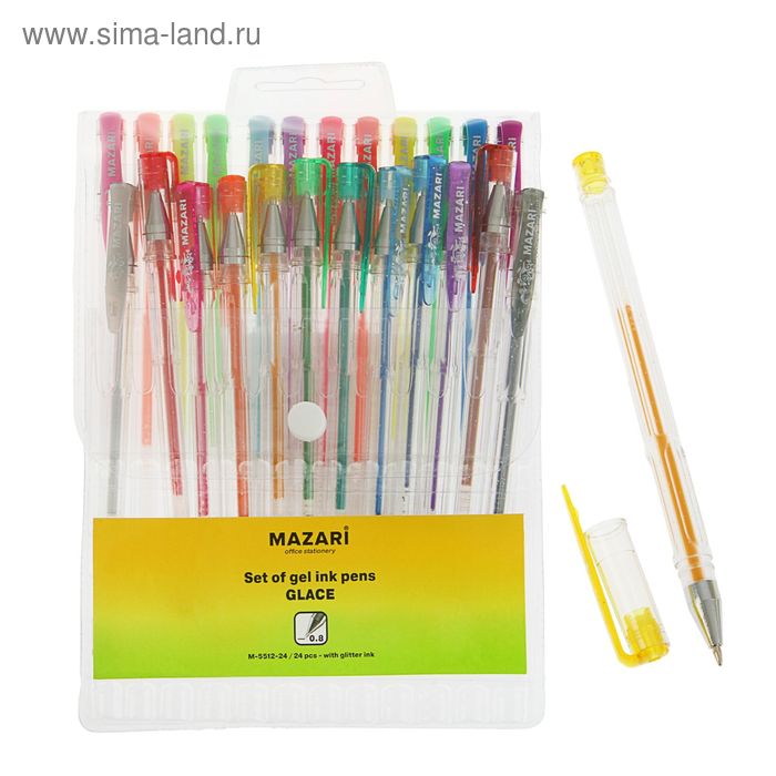 Набор гелевых ручек 24 цвета Glace, блестки, пулевидный пишущий узел 0.8 мм - Фото 1