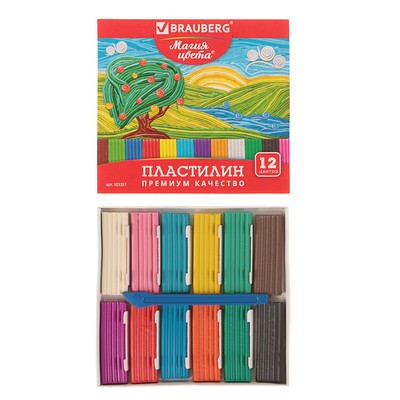 Пластилин 12 цветов 240 г, BRAUBERG высшее качество, со стеком, картонная упаковка