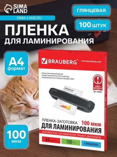 Пленка для ламинирования A4 216×303 мм, 100 мкм, 100 штук, глянцевые, BRAUBERG
