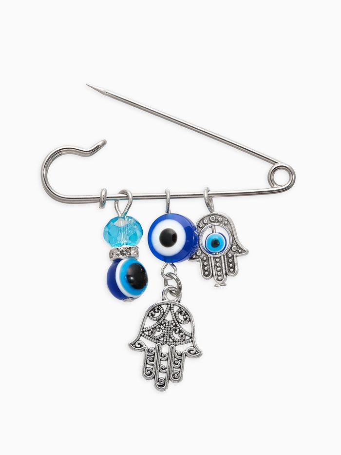 Булавка-оберег 3 подвески «Рука Хамса с бусиной», 5 см, синяя в серебре - Фото 1