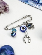 Булавка-оберег 3 подвески «Рука Хамса» с подковой, 5 см, синяя в серебре  (артикул 1705244)  большой выбор товаров оптом и в розницу по низким ценам с доставкой