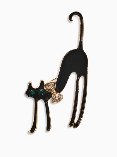 Брошь «Кошка грациозная с бантиком», цвет чёрный в золоте