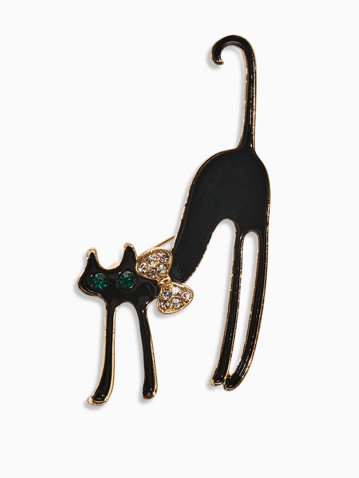 Брошь «Кошка грациозная с бантиком», цвет чёрный в золоте - Фото 1