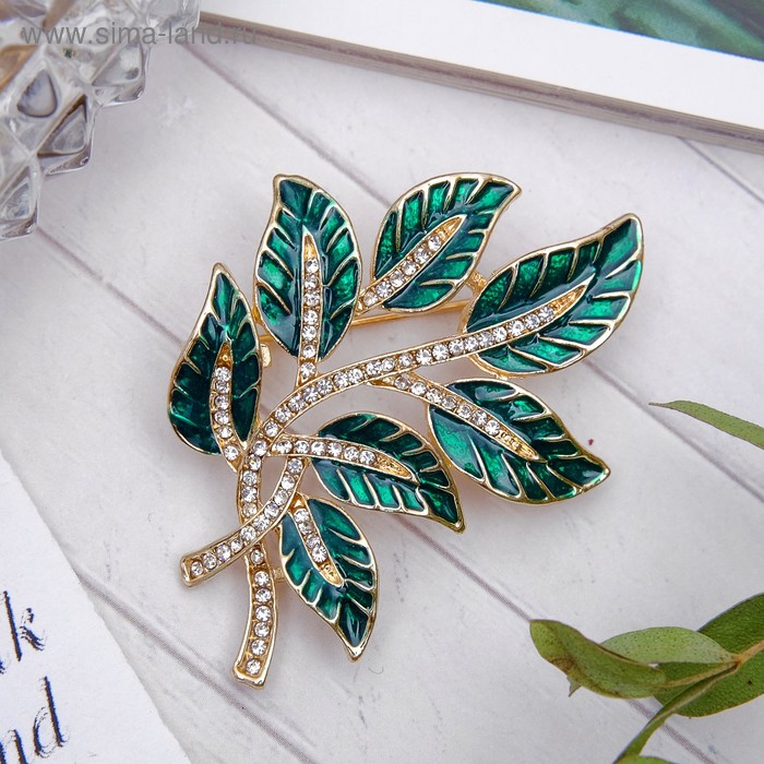 Брошь «Лист резной», цвет бело-зелёный в золоте - Фото 1