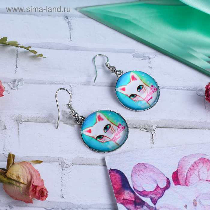 Серьги из стекла Candy кошечка, цветные в серебре - Фото 1