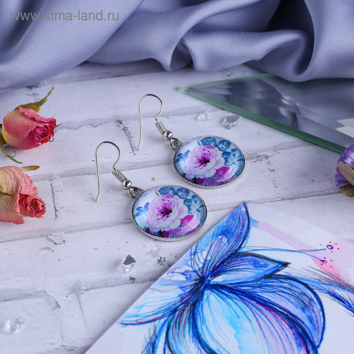 Серьги из стекла Candy цветы, цветные в серебре - Фото 1