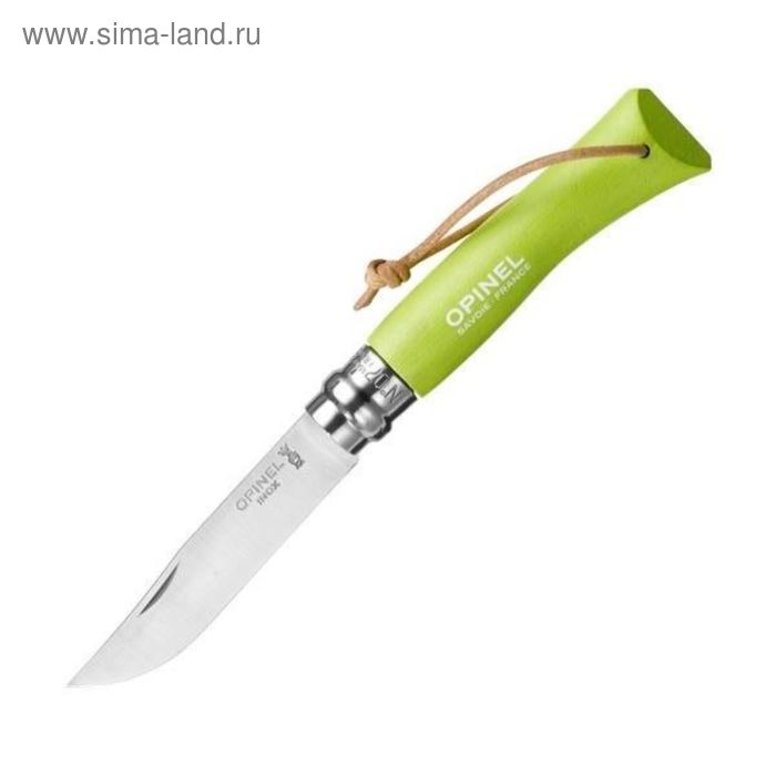 Нож Opinel №7 Trekking, нержавеющая сталь, кожаный темляк, светло-зеленый - Фото 1
