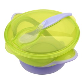 Набор для кормления, 3 предмета: тарелка на присоске, крышка, ложка, от 4 мес., цвет зеленый
