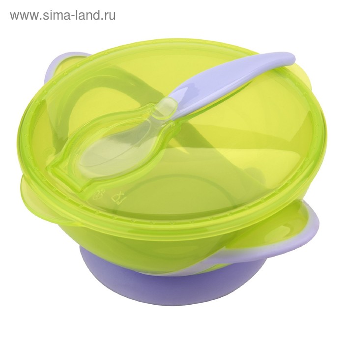 Набор для кормления, 3 предмета: тарелка на присоске, крышка, ложка, от 4 мес., цвет зеленый - Фото 1