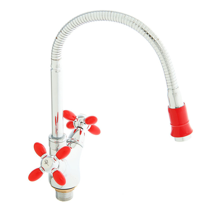 Смеситель для кухни Accoona A4882N, двухвентильный, с гибким изливом, красный/хром - Фото 1