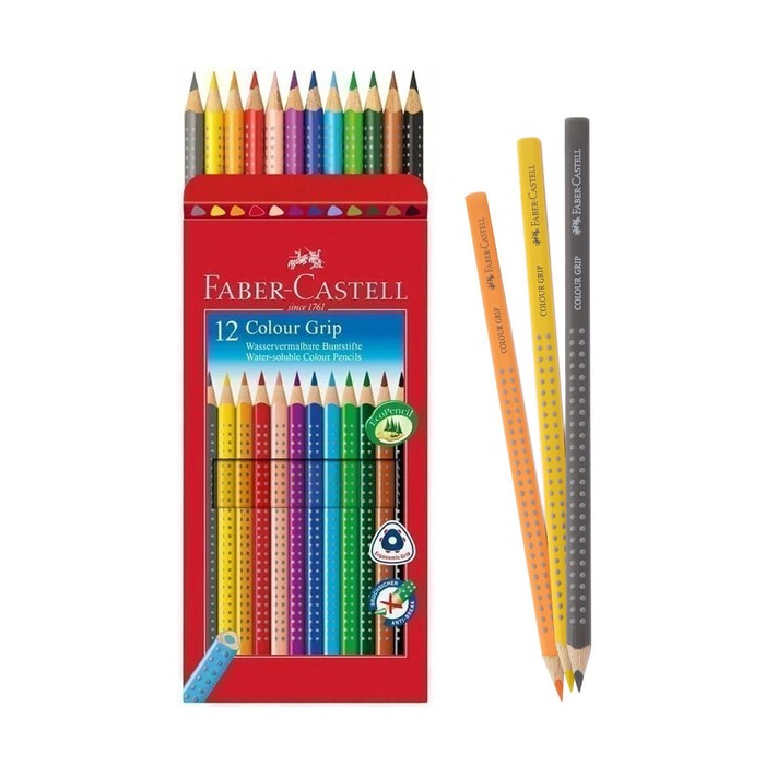 Карандаши акварельные 12 цветов Faber-Castell Grip 2001 7/3.3 мм, трёхгранный корпус с массажными шашечками - Фото 1