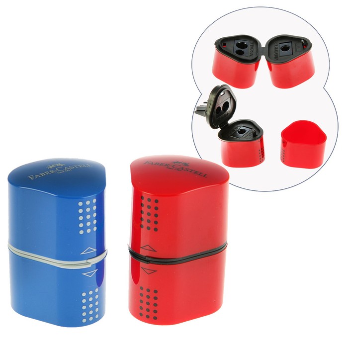 Точилка 3 отверстия с контейнером Faber-Castell TRIO Grip 2001 для стандартных и трёхгранных карандашей, цвет красный/синий - Фото 1