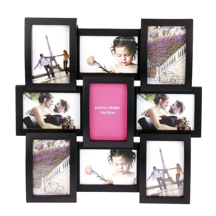 Фоторамка пластик на 9 фото "Выгнутая" черная, 44,5х44,5 см (10х15 см) - Фото 1