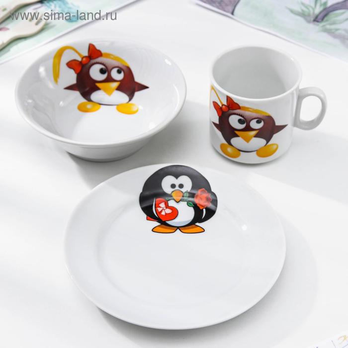 Набор посуды «Пингвинчики », 3 предмета: кружка 200 мл, салатник 360 мл, тарелка мелкая d=17 см - Фото 1