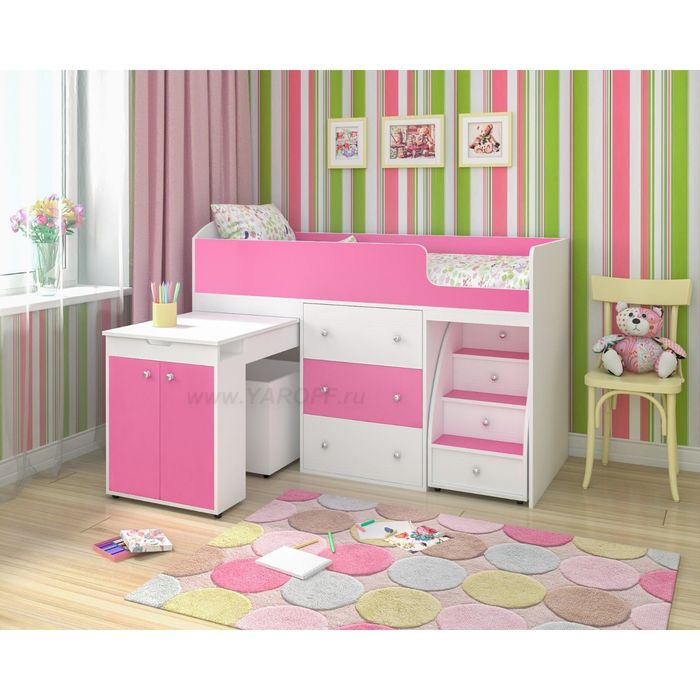 Кровать-чердак Ярофф Малыш, 800x1800, Белое дерево/Розовый