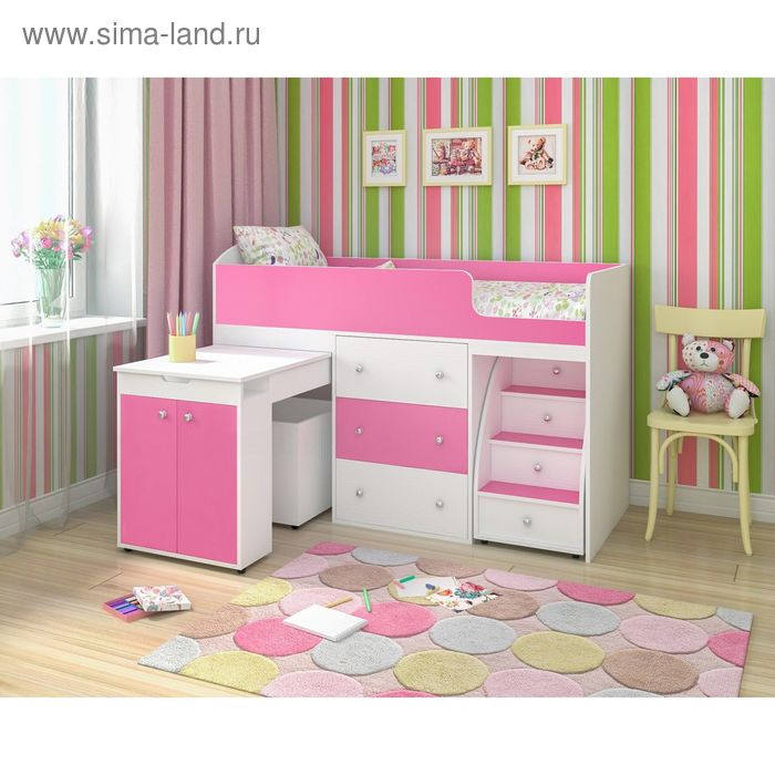 Кровать-чердак Ярофф Малыш, 700x1600, Белое дерево/Розовый - Фото 1