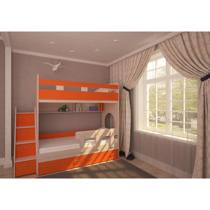 Двухъярусная кровать Ярофф Юниор-1 800х1900 Дуб молочный оранжевый с бортиком - фото 1908296624