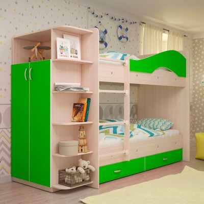 Кровать 2-х ярусная 800х1900 с ящиками и шкафом, Млечный дуб/Лайм