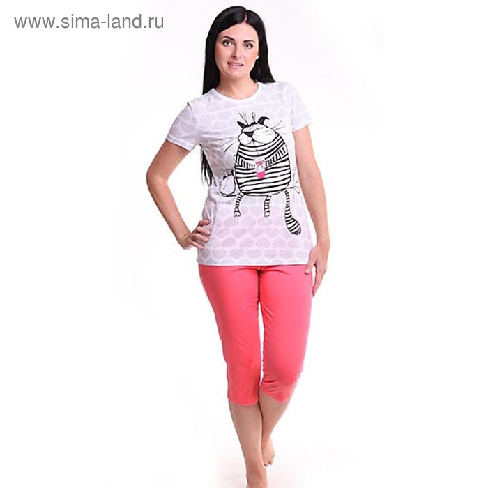 Пижама женская (футболка, бриджи) Р209225, цвет розовый, 158-164 см, принт Коты, р-р 50 - Фото 1